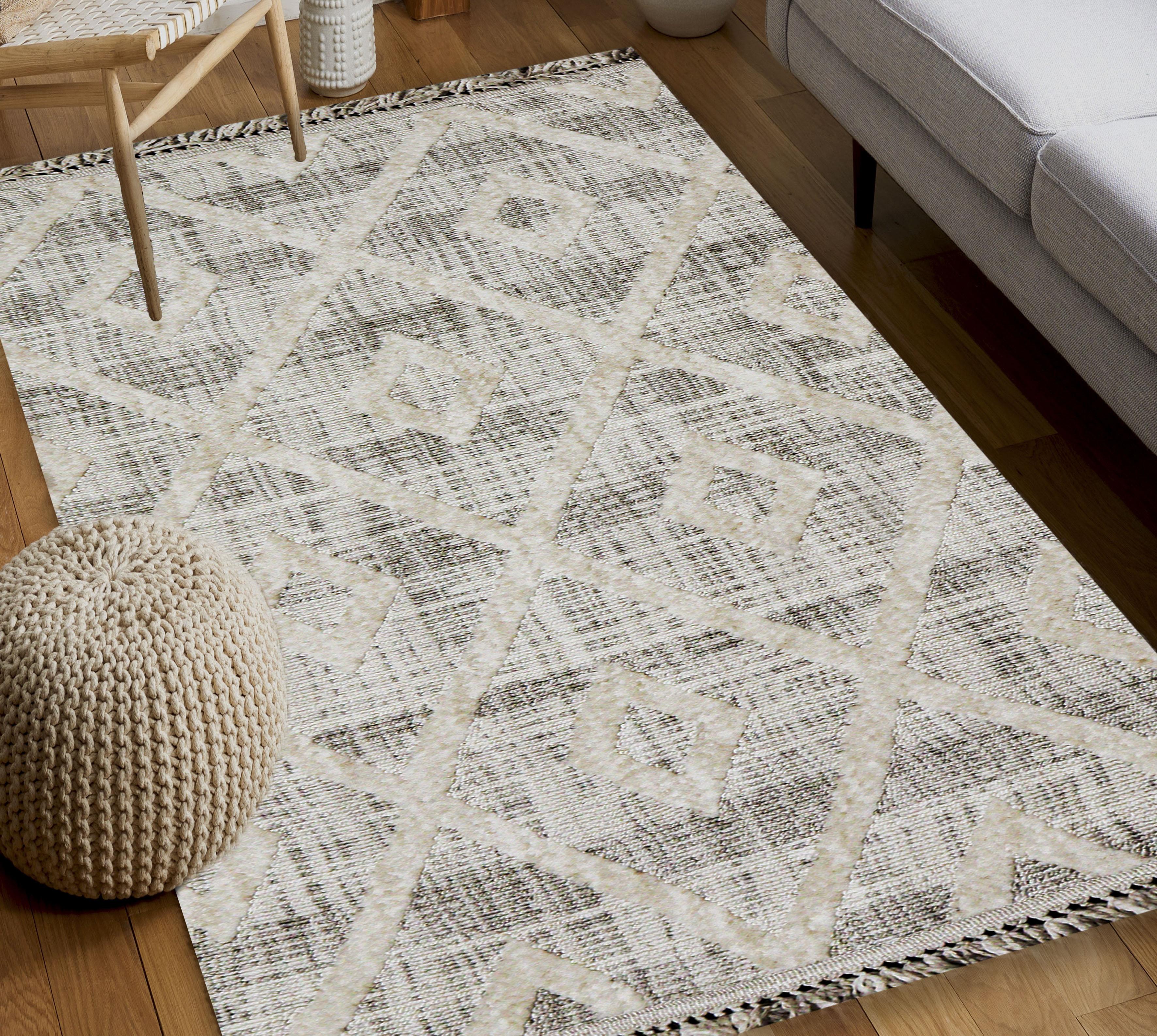 Yonca Seri İskandinav Bej Piramit Desenli Makine Dokuma Taban Modern Salon Halısı 3091 | Sultan Halı