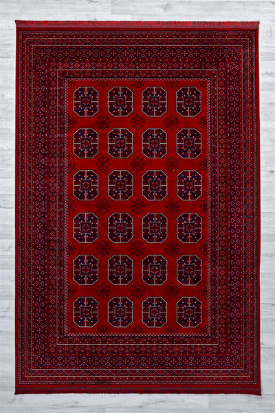 Kırmızı Renkli Afgan Motifli Yıkanabilir Otantik Dokuma Halı 01