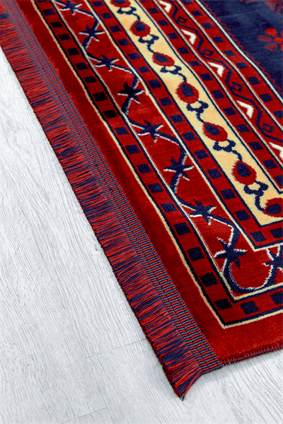 Kırmızı Renkli Afgan Motifli Yıkanabilir Otantik Dokuma Halı 03