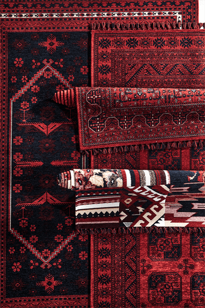 Kırmızı Renkli Afgan Tarzı Altı Kaymaz Yıkanabilir Şönil Kilim