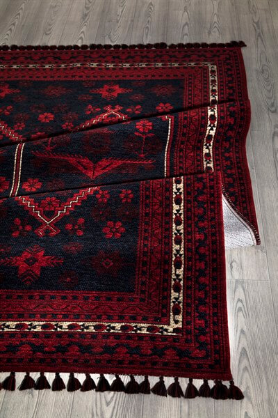 Kırmızı Renkli Afgan Tarzı Altı Kaymaz Şönil Kilim