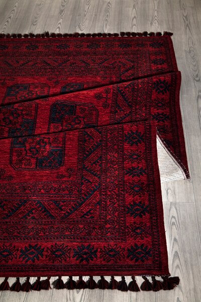 Kırmızı Renkli Afgan Tarzı Altı Kaymaz Yıkanabilir Şönil Kilim