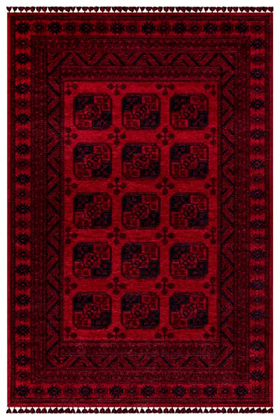 Kırmızı Renkli Afgan Tarzı Altı Kaymaz Yıkanabilir Şönil Kilim