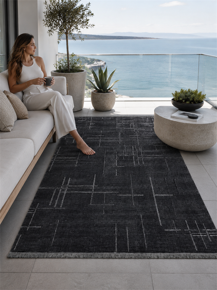 Antrasit Rengi Lotus Bambu Model Altı Kaymaz Makine Dokuma Halı