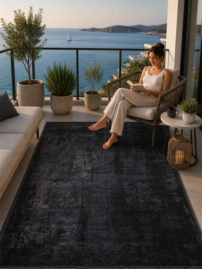 Antrasit Rengi Vintage Bambu Altı Kaymaz Makine Dokuma Halı