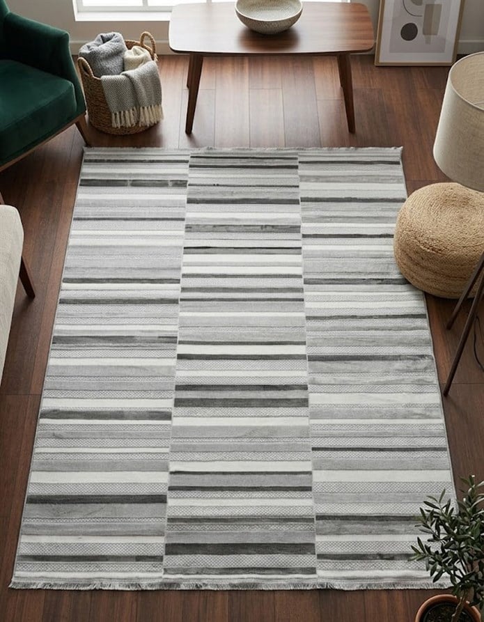 ARMA Serisi Açık Gri Krem Çizgili Modern Halı | MC 335