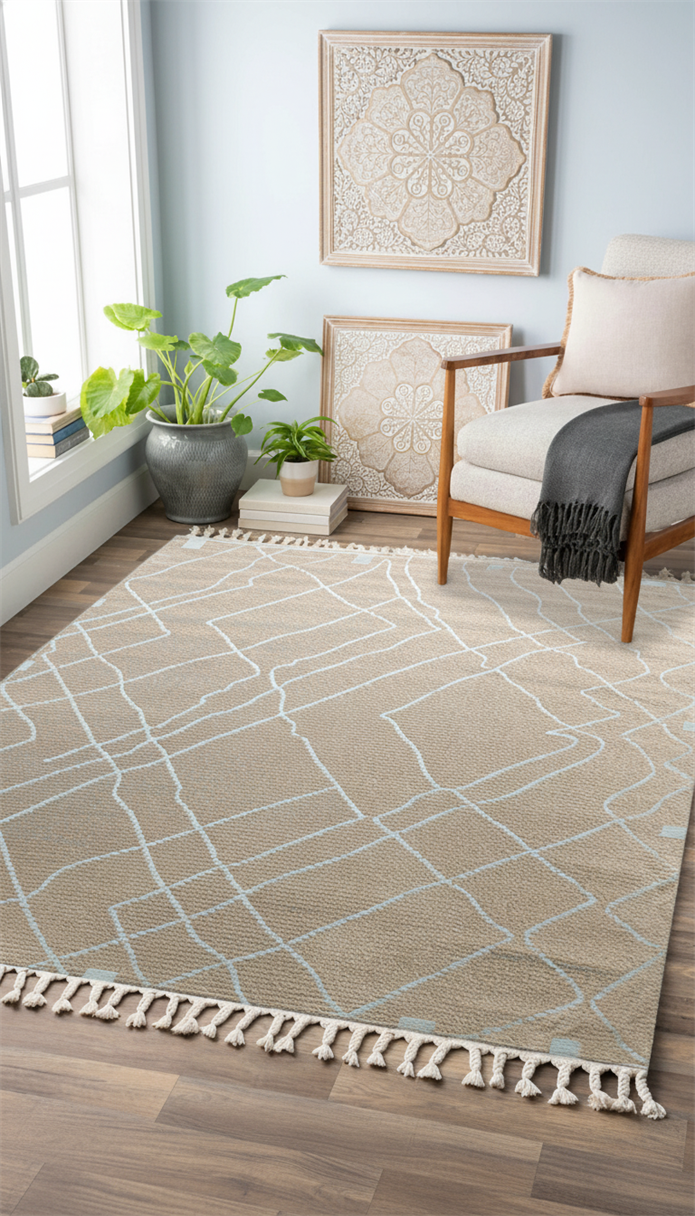 Bej - Beyaz Renkli  Soft Iskandinav Peluş Dokulu Makine Halısı