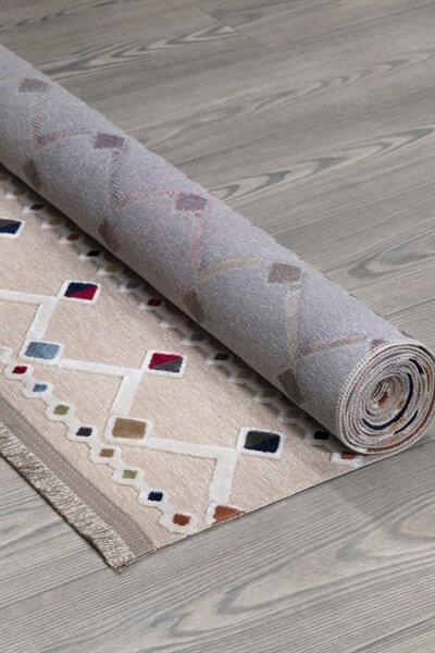 Bej Viskon Altı Kaymaz  Modern Desenli Halı-0042