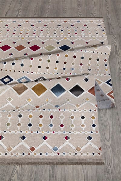 Bej Viskon Altı Kaymaz  Modern Desenli Halı-0042