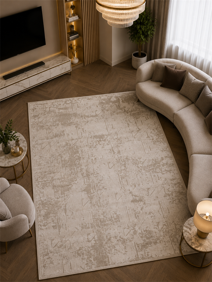 Beliz Viskon Krem Geometrik Desenli Tüylenme Yapmayan Toz Tutmaz Premium Salon Halısı | 652