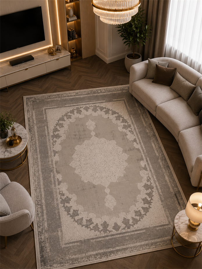 Beliz Viskon Krem Gri Bordürlü Klasik Modern Desenli Tüylenme Yapmayan Toz Tutmaz Premium Salon Halısı | 2082