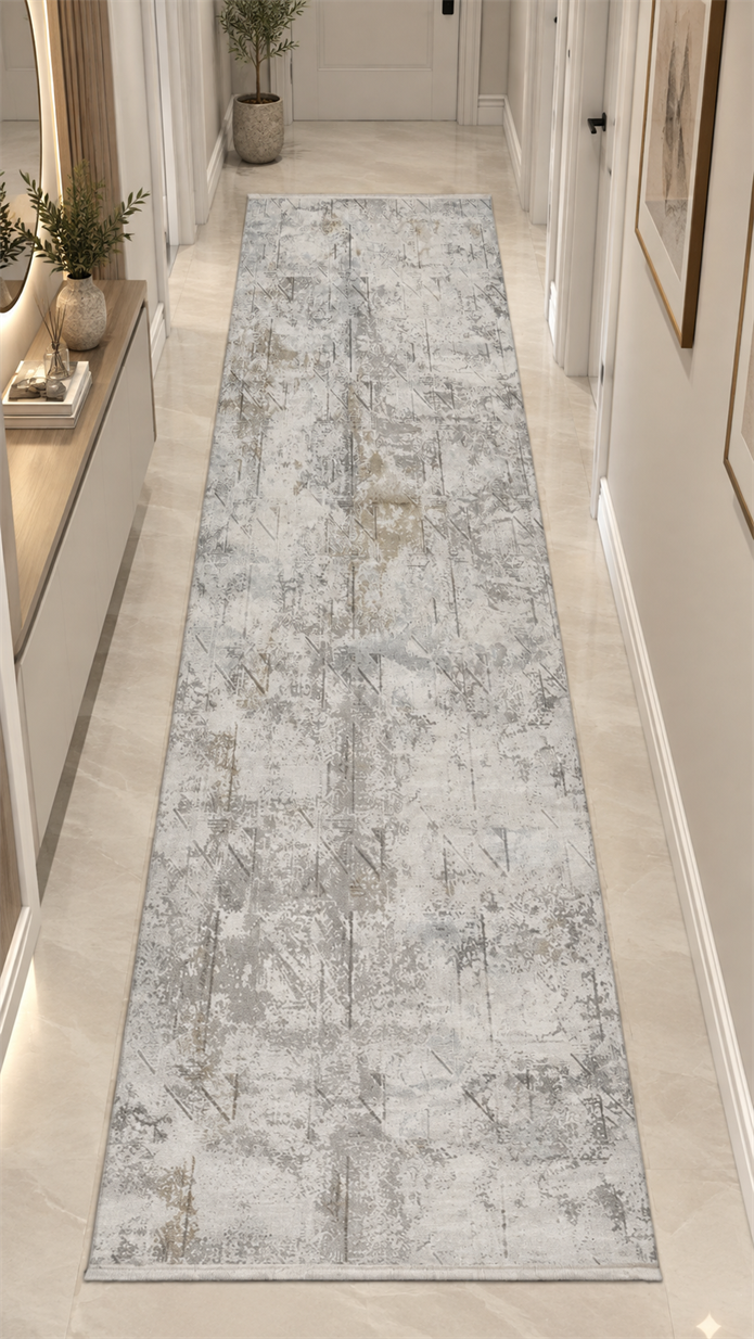 Beliz Viskon Krem Gri Geometrik Desenli Premium Salon Halısı | Beliz Viskon
