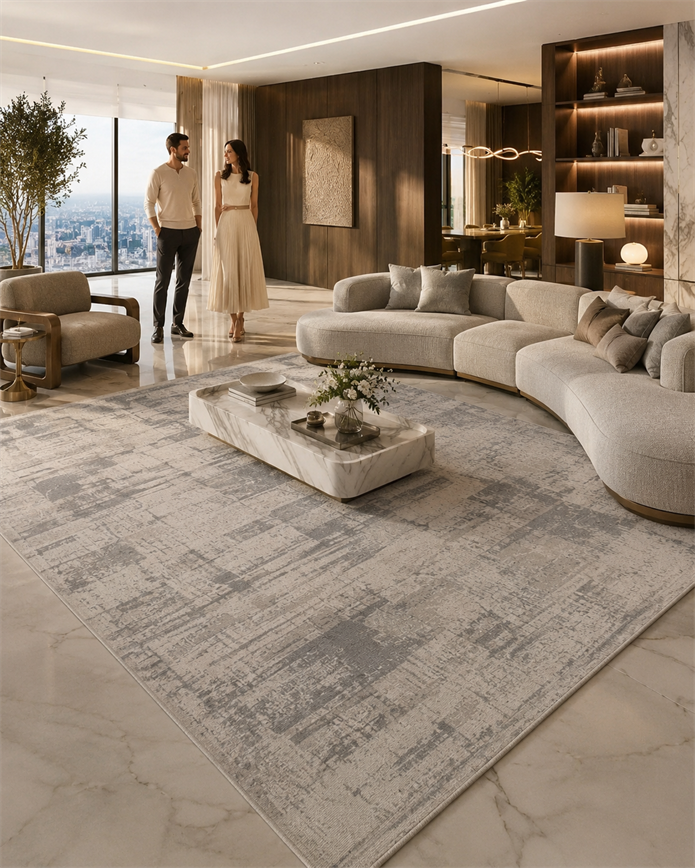 Beliz Viskon Krem Gri Soyut Desenli Tüylenme Yapmayan Toz Tutmaz Premium Salon Halısı | 634