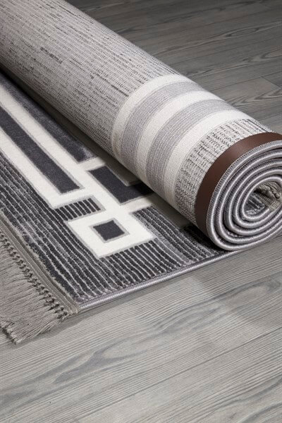 Gri Renkli Beyaz Çerçeve Detaylı  Dokuma Makine Halısı