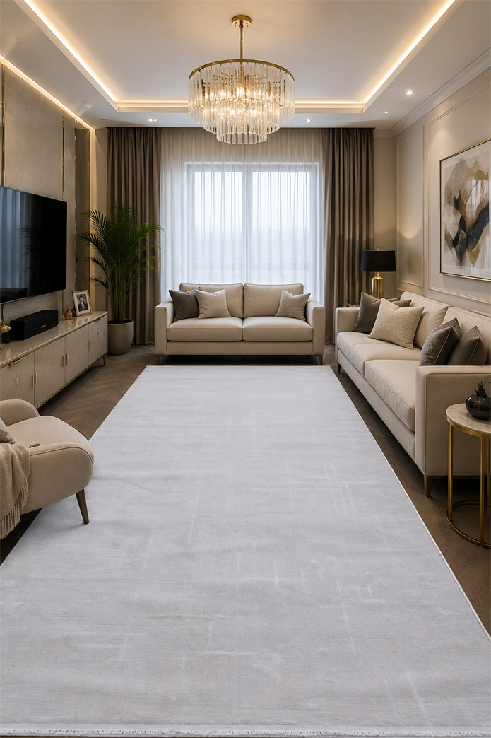 Beyaz Rengi Lotus Bambu Model Altı Kaymaz Makine Dokuma Halı