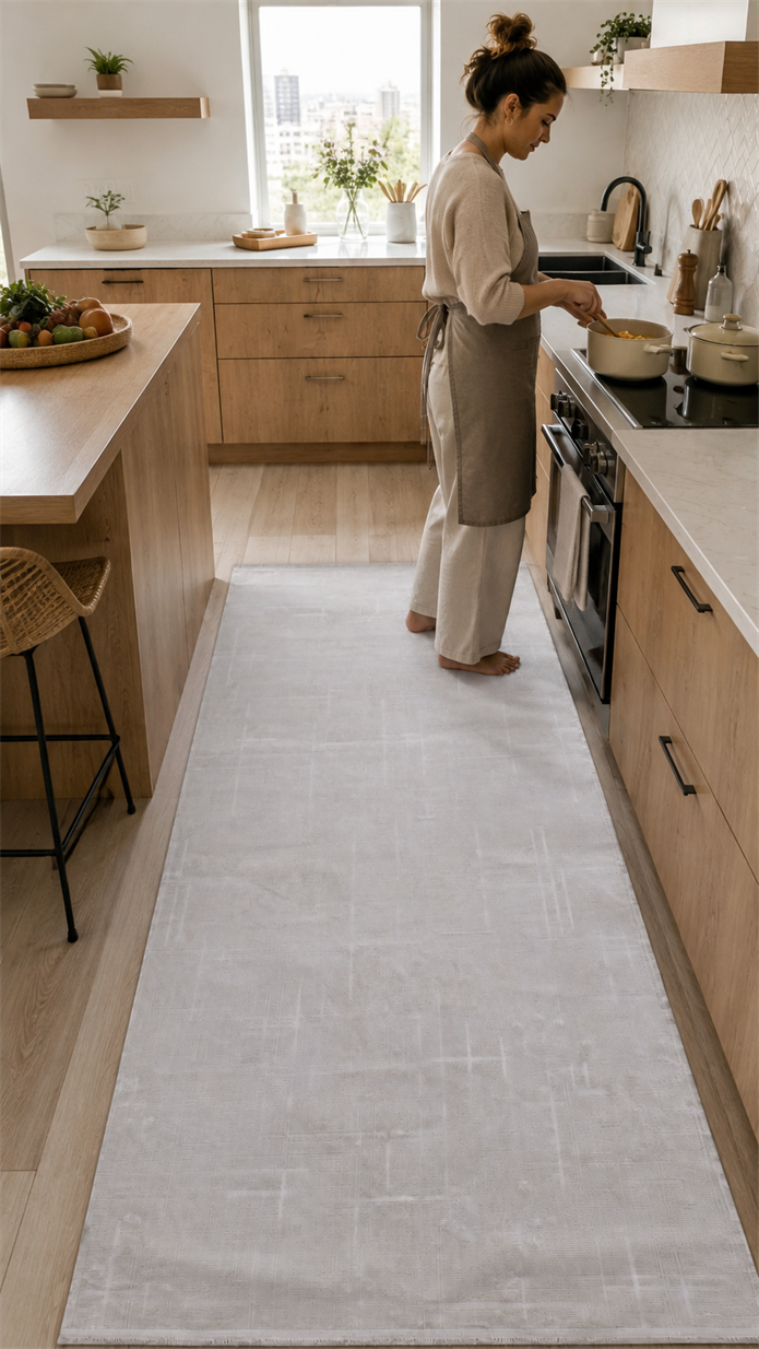 Beyaz Rengi Lotus Bambu Model Altı Kaymaz Makine Dokuma Halı