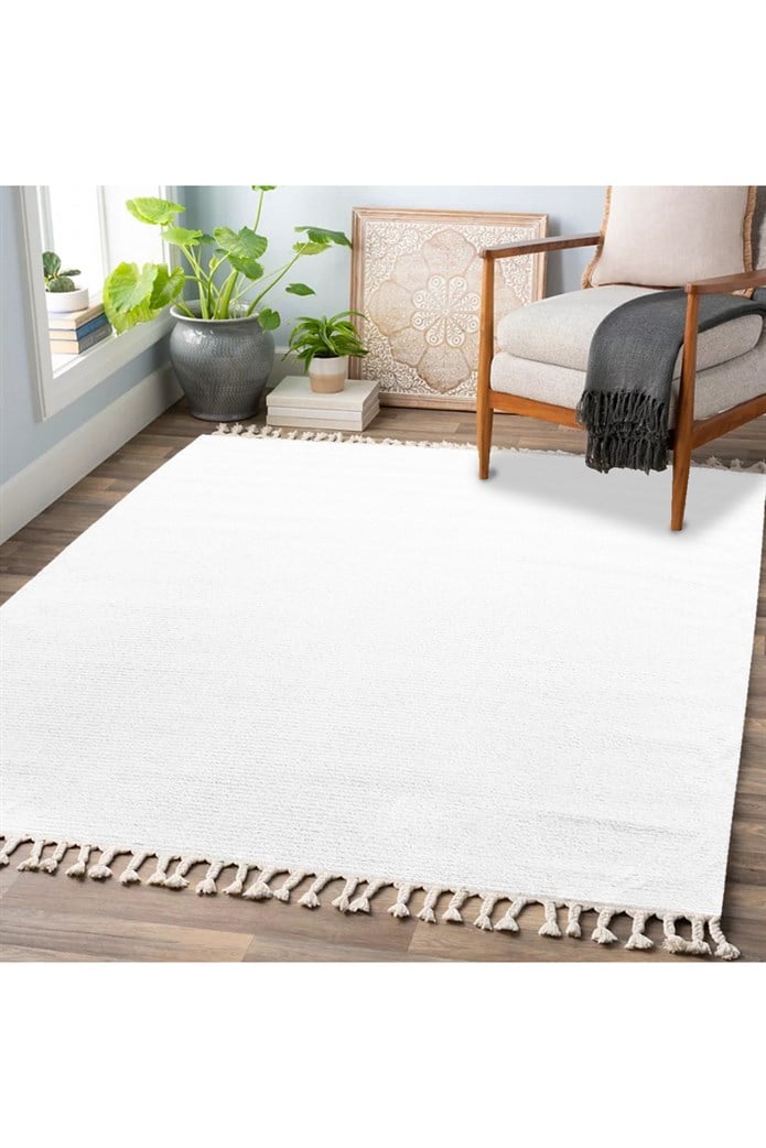 Beyaz Renkli  Soft Iskandinav Peluş Dokulu Makine Halısı