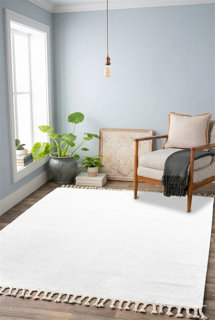 Beyaz Renkli  Soft Iskandinav Peluş Dokulu Makine Halısı