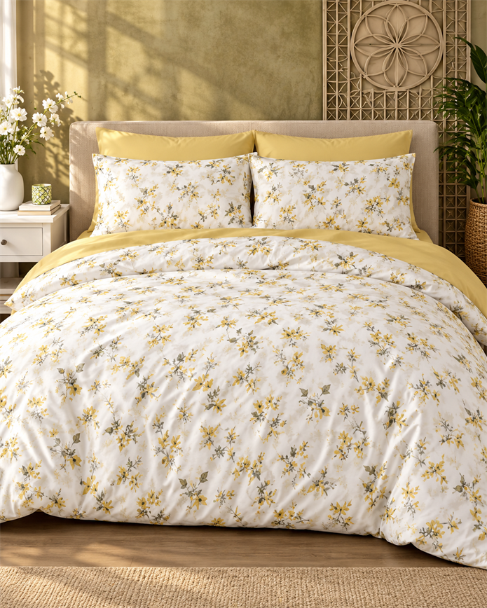 Çift Kişilik Desenli Krem Sarı Yastıklı Nevresim Takımı HÇ05 200x220