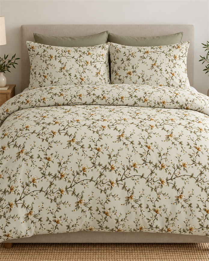 Çift Kişilik Desenli Krem Yeşil Yastıklı Nevresim Takımı HÇ13 200x220