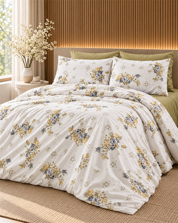 Çift Kişilik Desenli Krem Yeşil Yastıklı Nevresim Takımı HÇ02 200x220