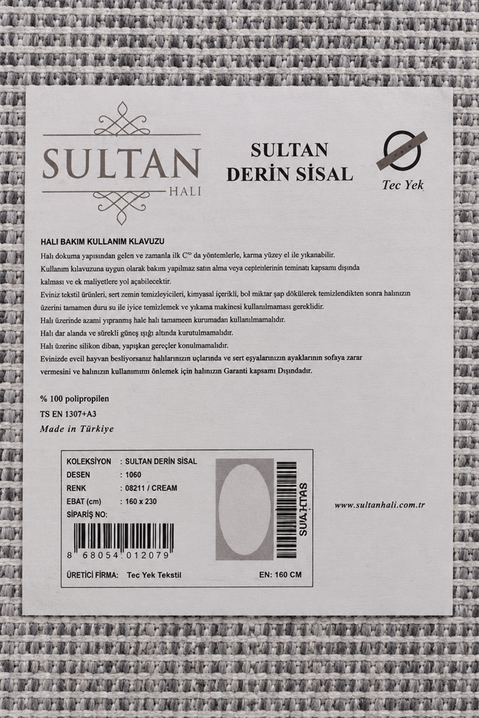 Derin Sisal Gri Çerçeveli Krem Zemin Jüt Sisal Dekoratif Kaymaz Taban Yıkanabilir Halı | ST06