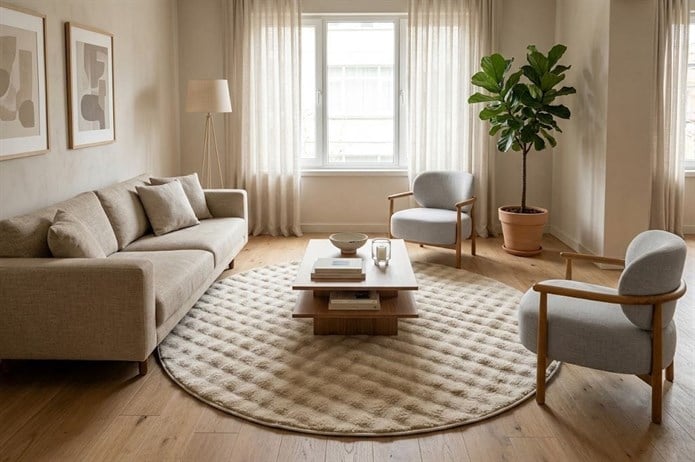 Dream Soft Yuvarlak Bej Desenli Yumuşak Yüzeyli Kaymaz Makinede Yıkanabilir Halı