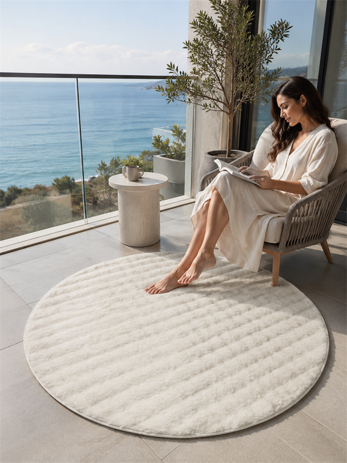 Dream Soft Yuvarlak Beyaz Desenli Yumuşak Yüzeyli Kaymaz Makinede Yıkanabilir Halı