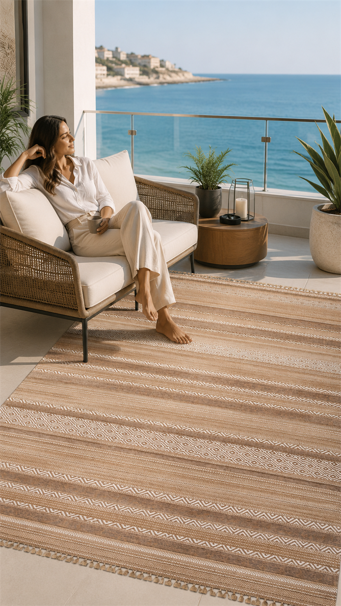 Ekru Renkli Kaymaz Tabanlı Yıkanabilir Makine Dokuma Kilim