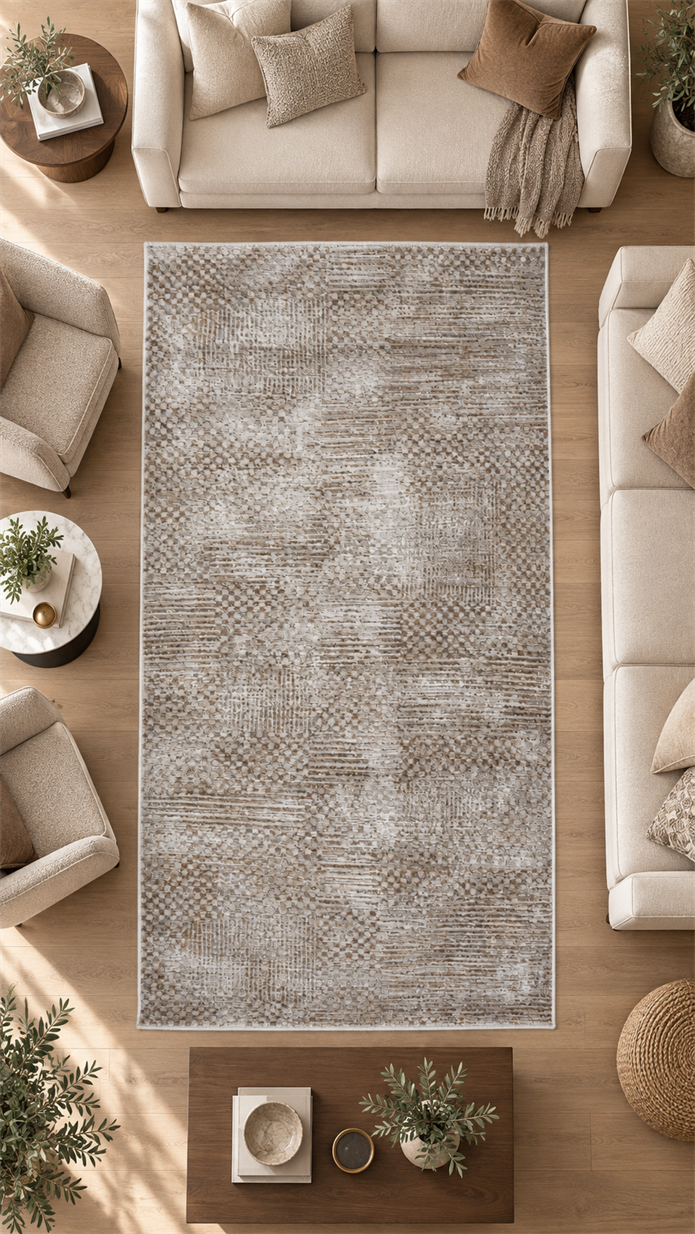 Eva Vintage Modern Halı Vizon ve Kahverengi Kare Dikdörtgen Salon Halısı | Sultan Halı