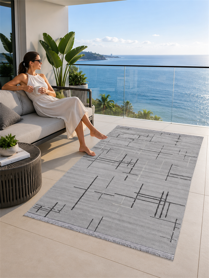Gri Renk Lotus Bambu Model Altı Kaymaz Makine Dokuma Halı