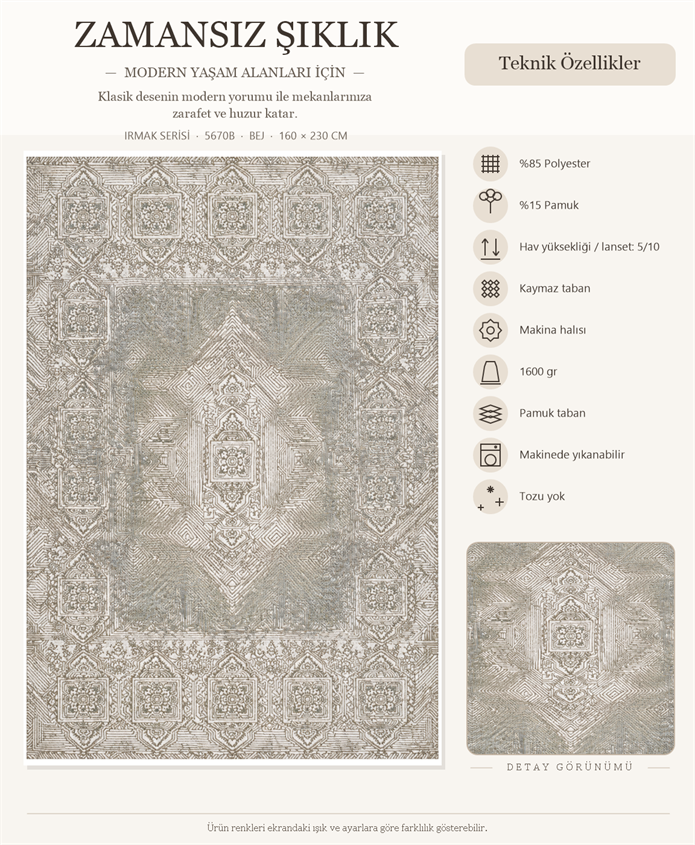 Irmak Serisi Vintage Halı 5670B Bej