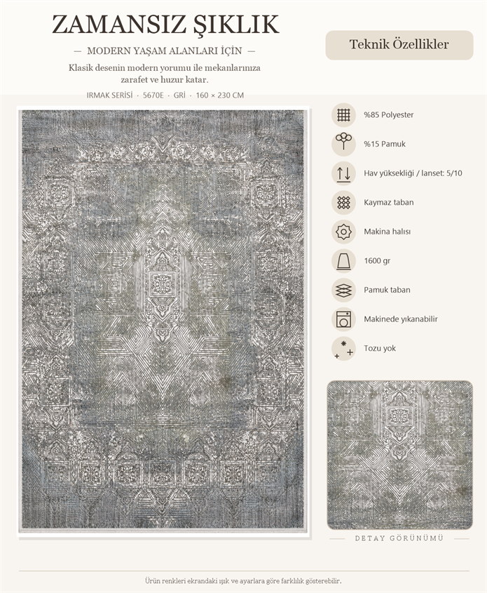 Irmak Serisi Vintage Halı Gri 5670E | Sultan Halı