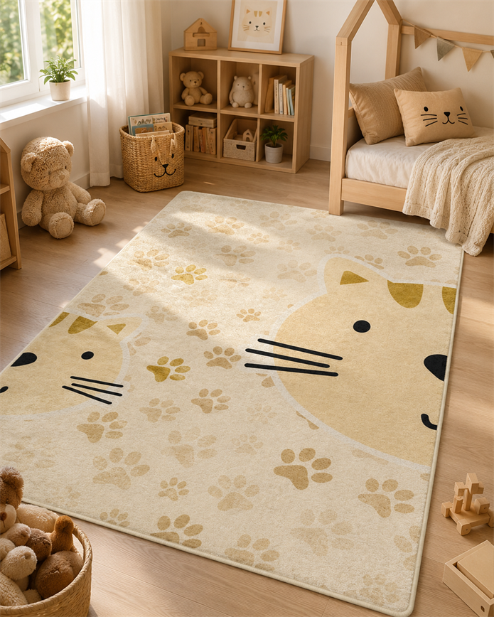 Kedi Desenli Sarı Çocuk Odası Halısı-4002