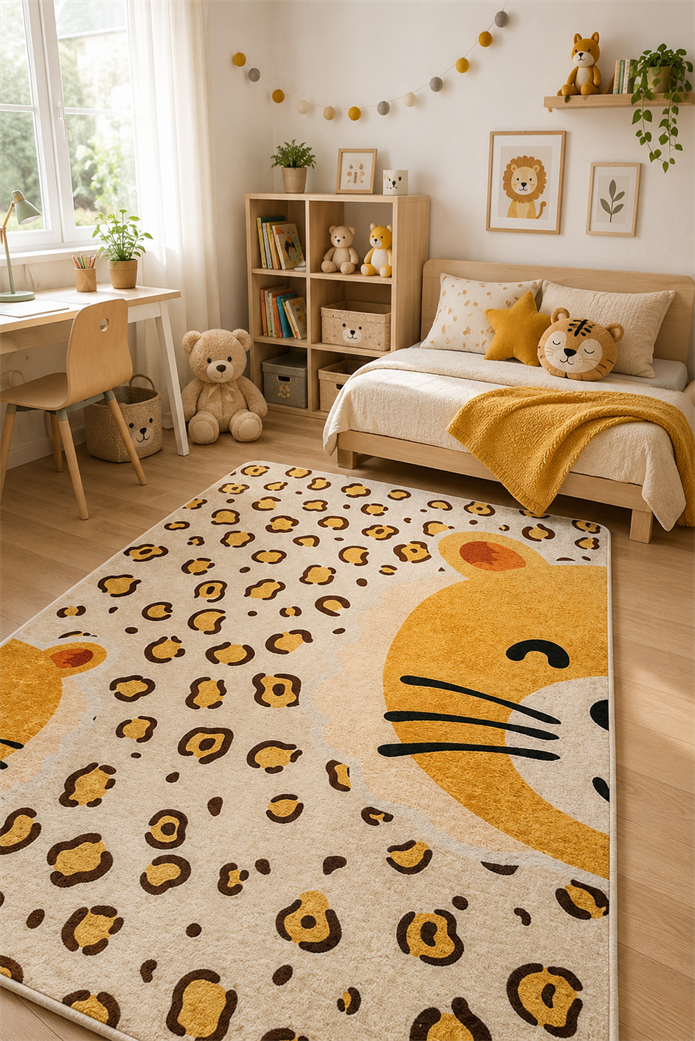 Kedi Desenli Turuncu Çocuk Odası Halısı-4003