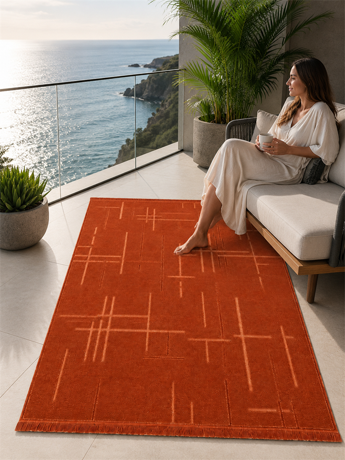 Kiremit Rengi Lotus Bambu Model Altı Kaymaz Makine Dokuma Halı