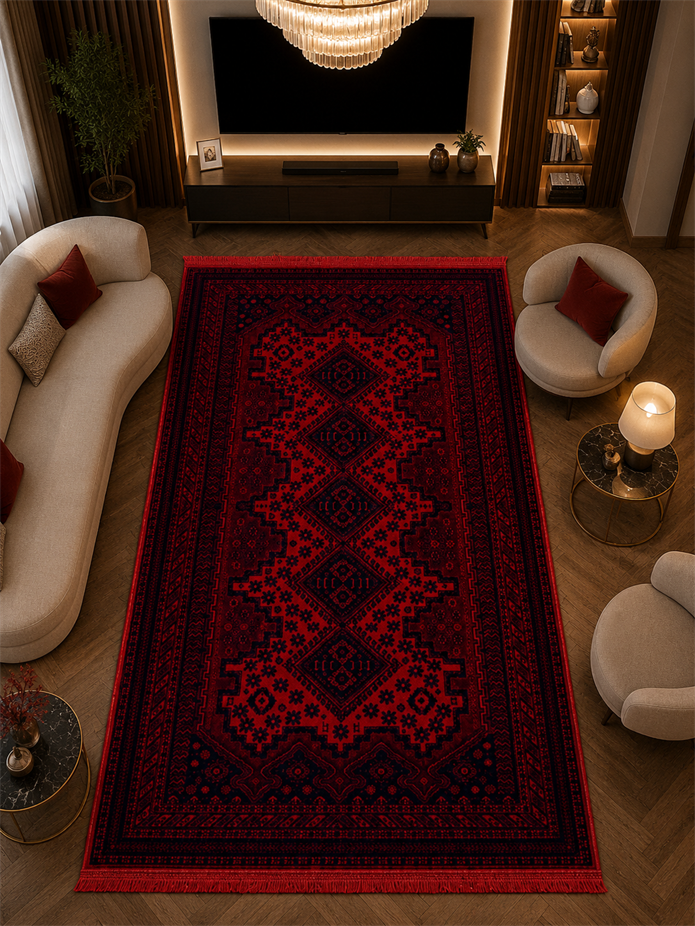 Kırmızı Afgan Tarzı Altı Kaymaz Yıkanabilir Şönil Kilim & Halı | SDF020