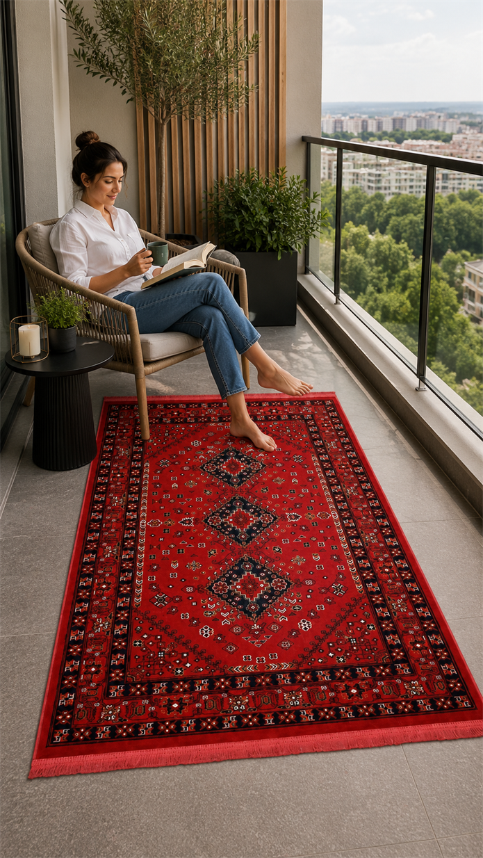 Kırmızı Afgan Tarzı Altı Kaymaz Yıkanabilir Şönil Kilim & Halı