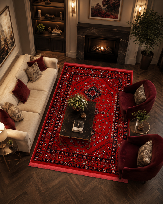 Kırmızı Afgan Tarzı Altı Kaymaz Yıkanabilir Şönil Kilim & Halı