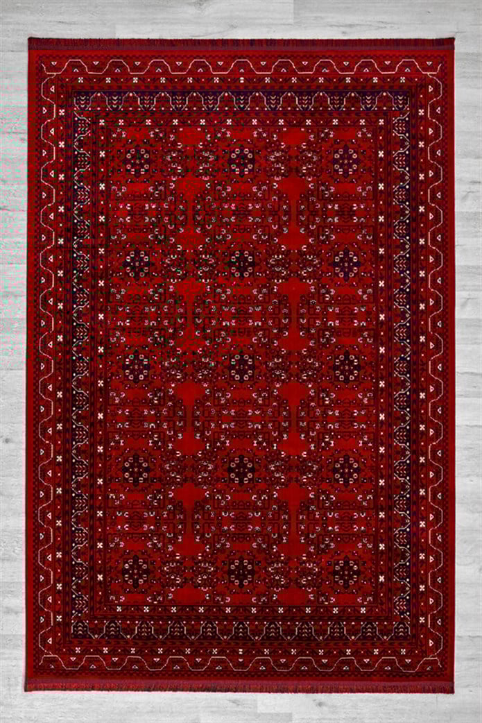 Kırmızı Renkli Afgan Motifli Yıkanabilir Otantik Dokuma Halı 02