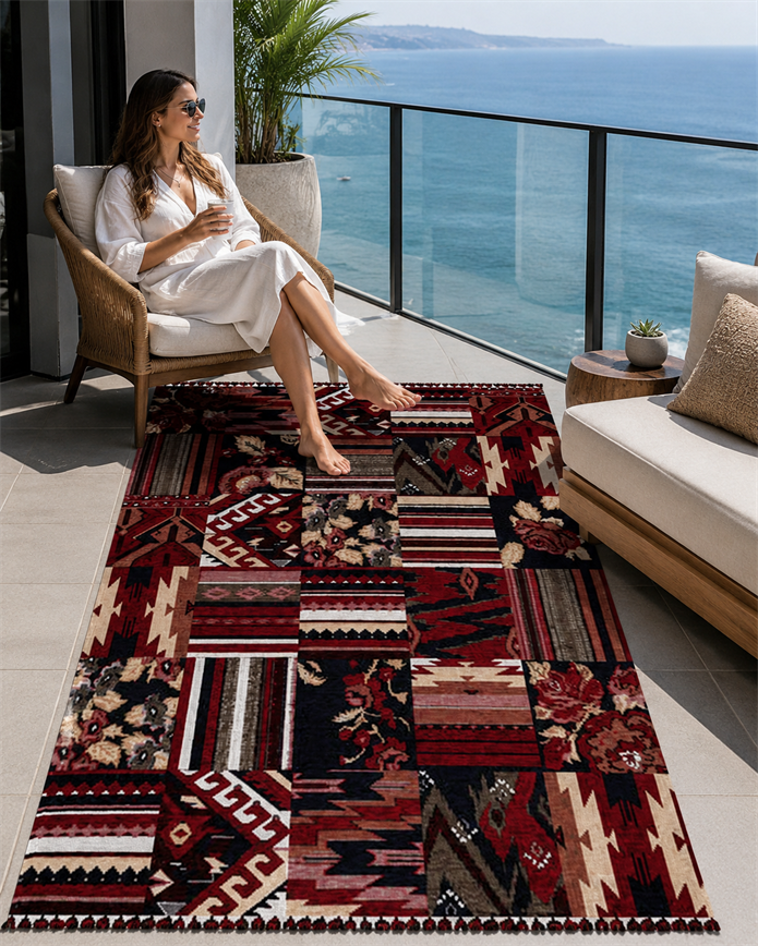 Kırmızı Renkli Afgan Tarzı Altı Kaymaz Yıkanabilir Şönil Kilim