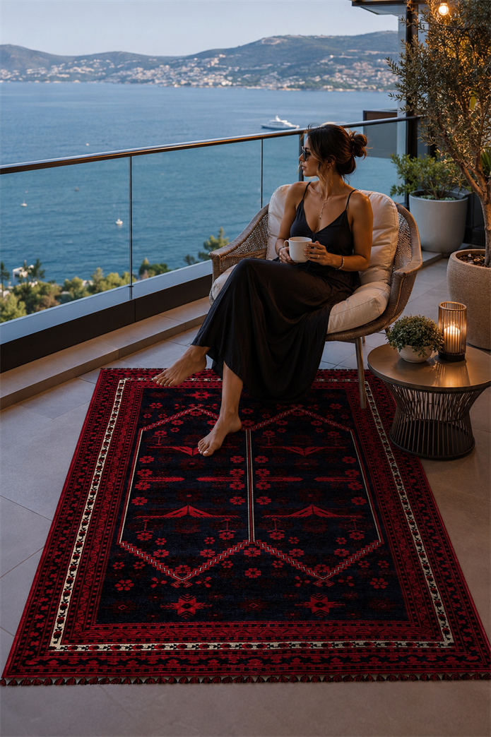 Kırmızı Renkli Afgan Tarzı Altı Kaymaz Şönil Kilim