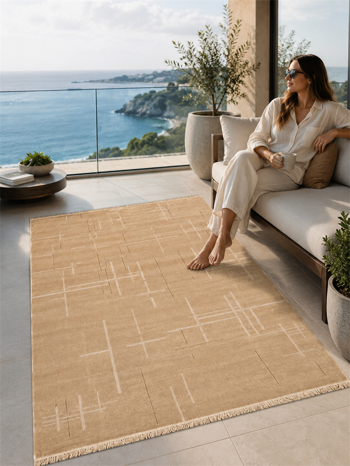 Krem Rengi Lotus Bambu Model Altı Kaymaz Makine Dokuma Halı