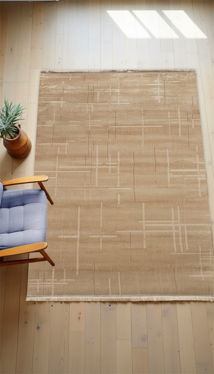 Krem Rengi Lotus Bambu Model Altı Kaymaz Makine Dokuma Halı