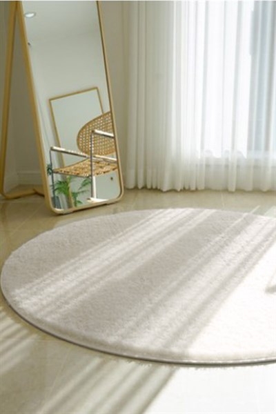 Krem Renkli Yumuşak Yüzeyli Kaydırmaz Yuvarlak Peluş Halı