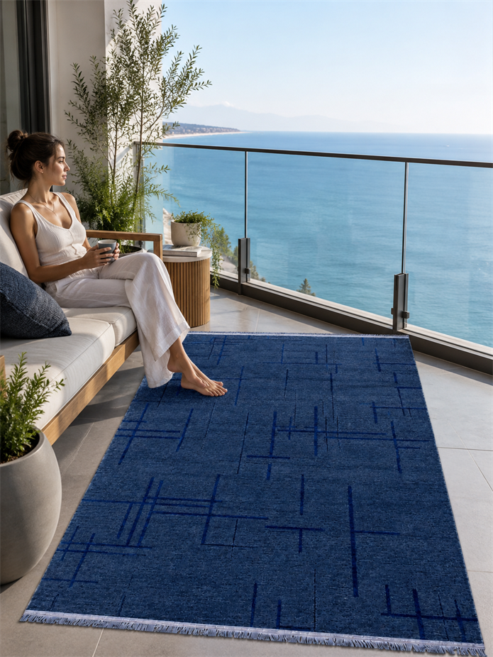 Lacivert Renk Lotus Bambu Model Altı Kaymaz Makine Dokuma Halı