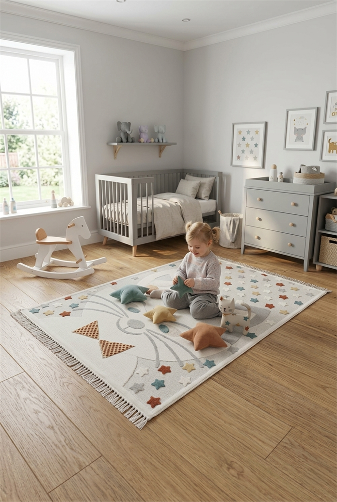 LİNA Serisi Sevimli Kedi Figürlü Yıldız Desenli Kaymaz Çocuk Odası Halısı | EN130