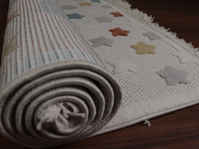 LİNA Serisi Sevimli Kedi Figürlü Yıldız Desenli Kaymaz Çocuk Odası Halısı | EN130