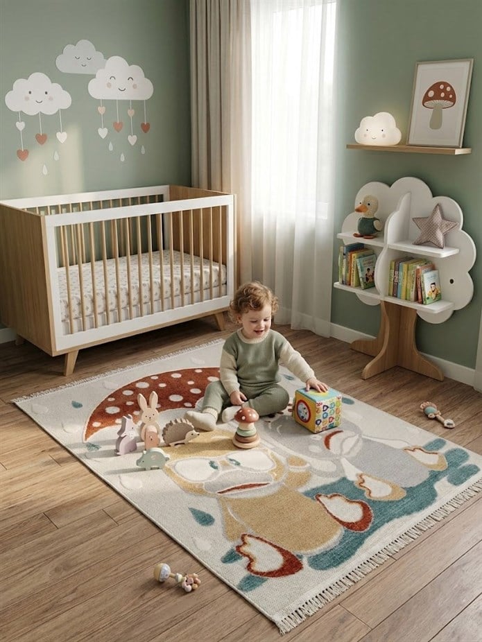 LİNA Serisi Sevimli Ördek Figürlü Doğa Temalı Kaymaz Çocuk Halısı