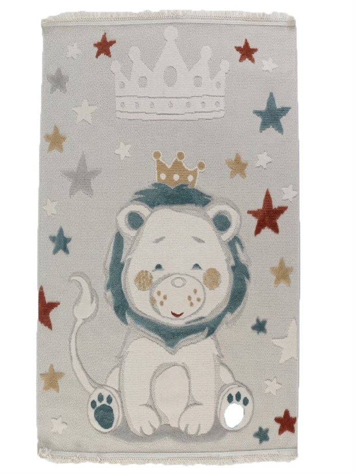 LİNA Serisi Taçlı Aslan Figürlü Yıldız Desenli Kaymaz Çocuk Halısı |EN133